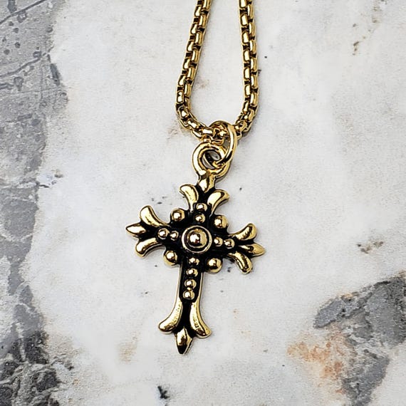 Men's FLEUR De Lis CROSS Necklace Men's Gold Stainless Steel