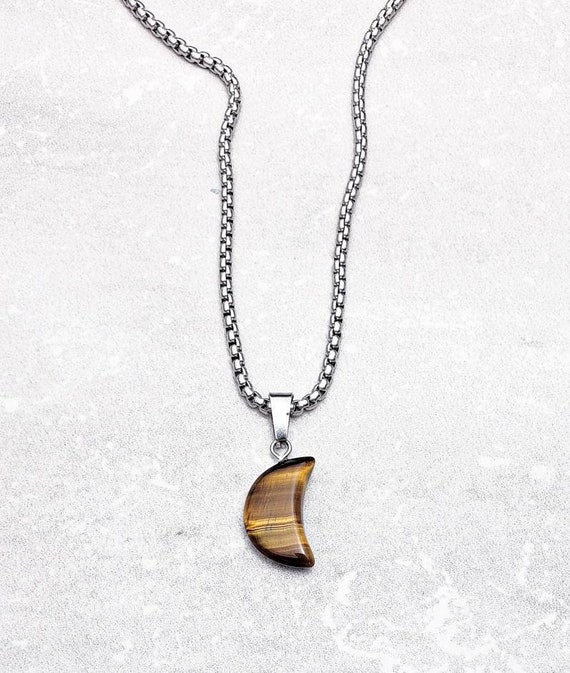 Men s stone CRESCENT Moon Necklace Men s Tiger Eye Crescent Moon