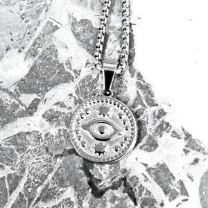 Men&#39;s &quot;EVIL EYE COIN&quot; Necklace| Men&#39;s Silver Stainless Steel Evil Eye Coin Pendant Necklace| Men&#39;s Silver Stainless Steel Box Chain Necklace