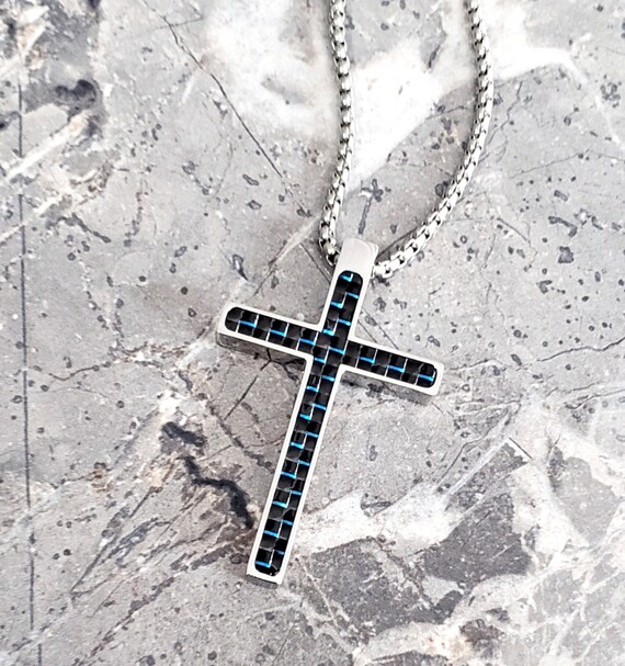 Men s sapphire CARBON Cross Necklace Men s Sapphire Blue Black