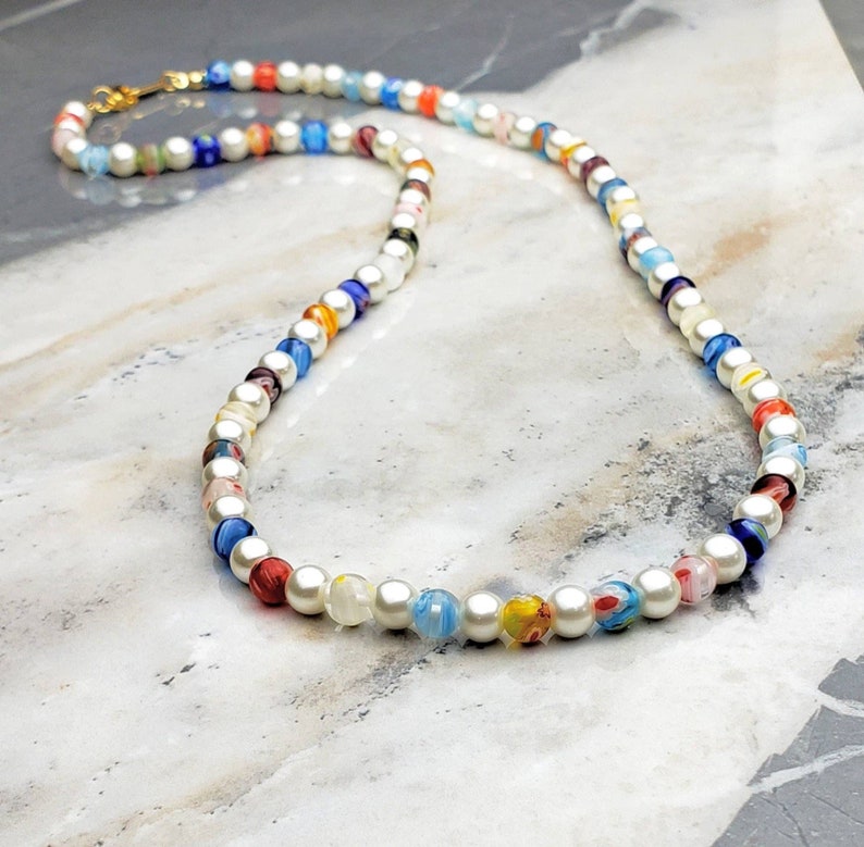 Men's 'MILLEFIORI & PEARLS' Necklace| Men's Multicolored Italian Millefiori Ivory Pearls Beaded Necklace| Men's Coloful Ivory Pearl Necklace 