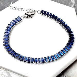 Men&#39;s SAPPHIRE BAGUETTE TENNIS Bracelet | Men&#39;s Sapphire Cubic Zirconia Silver Stainless Steel Baguette Tennis Chain Bracelet