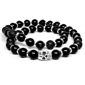 Men&#39;s SKULL LAVA WRAP Bracelet | Men&#39;s Silver Stainless Steel Skull Black Lava Stone Matte Black Onyx Gemstone Stretch Double Wrap Bracelet