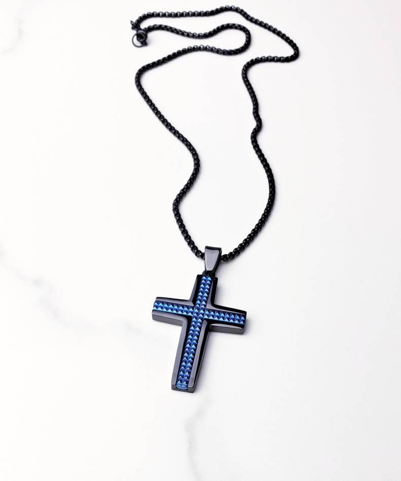 Men s black BLUE Cross Necklace Men s Black Blue Stainless Steel