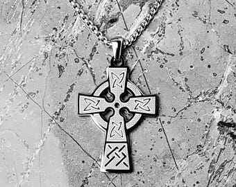 Men's CELTIC KNOT CROSS Necklace | Men's Silver Stainless Steel Celtic Knot Cross Pendant Box Chain Necklace