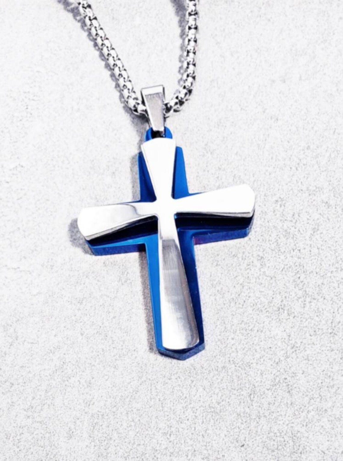 Men's BLUE STEEL CROSS Necklace Men's Etsy