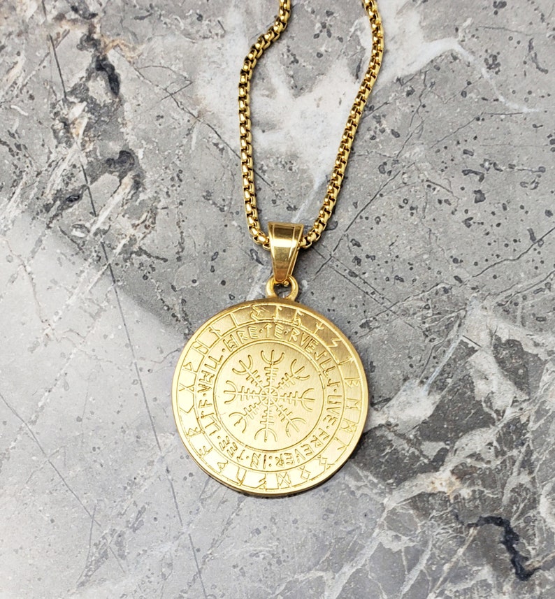 Chains Inscriped With Runes Men's GOLD VEGVISIR COMPASS Necklace | Men's Rustic Gold Stainless ...