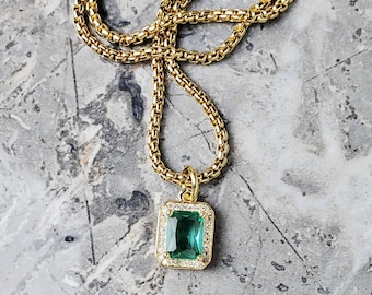 Men's GOLD PAVÉ AQUAMARINE Necklace | Men's Pavé Cubic Zirconia Aquamarine Gemstone Gold Stainless Steel Pendant Box Chain Necklace