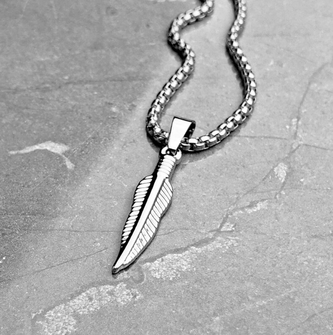 Men's tribal Feather Necklace Men's Silver Stainless Steel Tribal