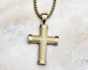 Men's GOLD CHEVRON CROSS Necklace | Men's Gold Stainless Steel Chevron Cross Pendant Box Chain Necklace