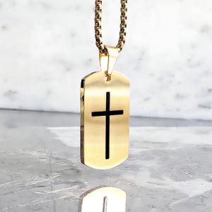 Men's CROSS DOG TAG Necklace | Men's Matte Gold & Black Stainless Steel Cross Dog Tag Pendant Box Chain Necklace