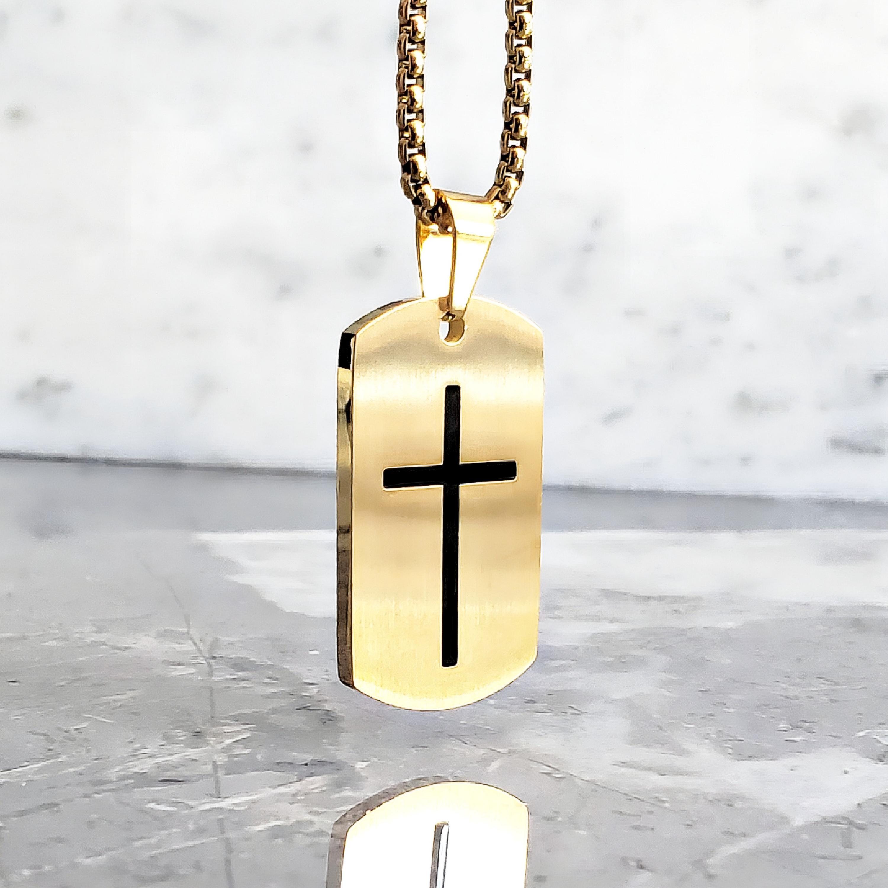 Men's CROSS DOG TAG Necklace | Men's Matte Gold & Black Stainless