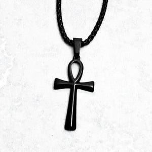Men&#39;s BLACK ANKH Necklace | Men&#39;s Black Stainless Steel Ankh Pendant Box Chain Necklace