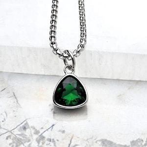 Men&#39;s &quot;SILVER MINI EMERALD&quot; Necklace| Men&#39;s Silver Stainless Steel Mini Emerald Pendant Necklace| Mens May Birthstone Emerald Necklace