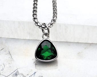 Men&#39;s &quot;SILVER MINI EMERALD&quot; Necklace| Men&#39;s Silver Stainless Steel Mini Emerald Pendant Necklace| Mens May Birthstone Emerald Necklace