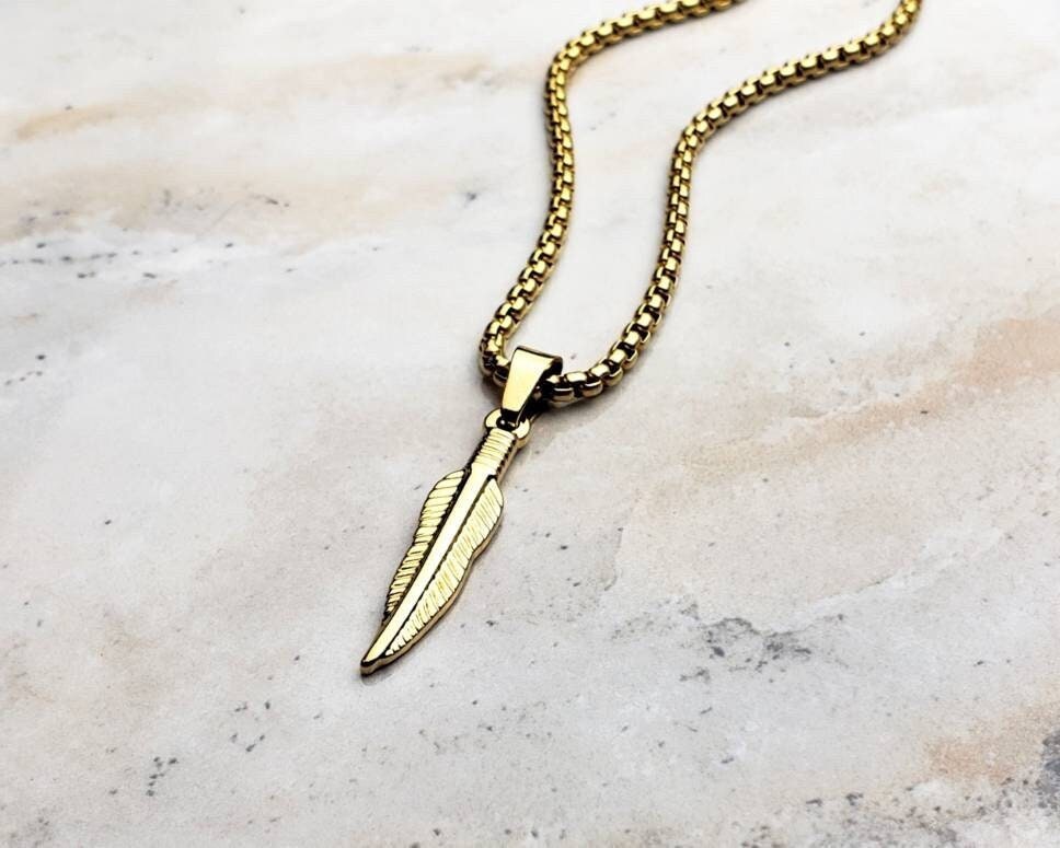 Gold feather cheap necklace mens