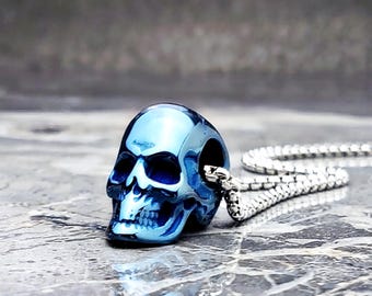 Skull Necklace Blue Stainless Steel Necklace Men's Retro Skull