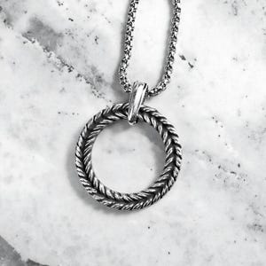 Men's "LAUREL WREATH RING" Necklace| Men's Silver Stainless Steel Rustic Greek Laurel Wreath Ring Pendant Necklace| Mens Box Chain Necklace