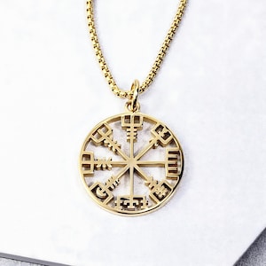 Men&#39;s VEGVISIR COMPASS Necklace | Men&#39;s Gold Stainless Steel Viking Vegvisir Compass Pendant Box Chain Necklace