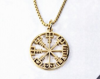 Men's VEGVISIR COMPASS Necklace | Men's Gold Stainless Steel Viking Vegvisir Compass Pendant Box Chain Necklace