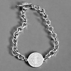 Men's SAINT BENEDICT CHAIN Bracelet | Men's Silver Stainless Steel Saint Benedict Coin Link Chain Toggle Clasp Bracelet