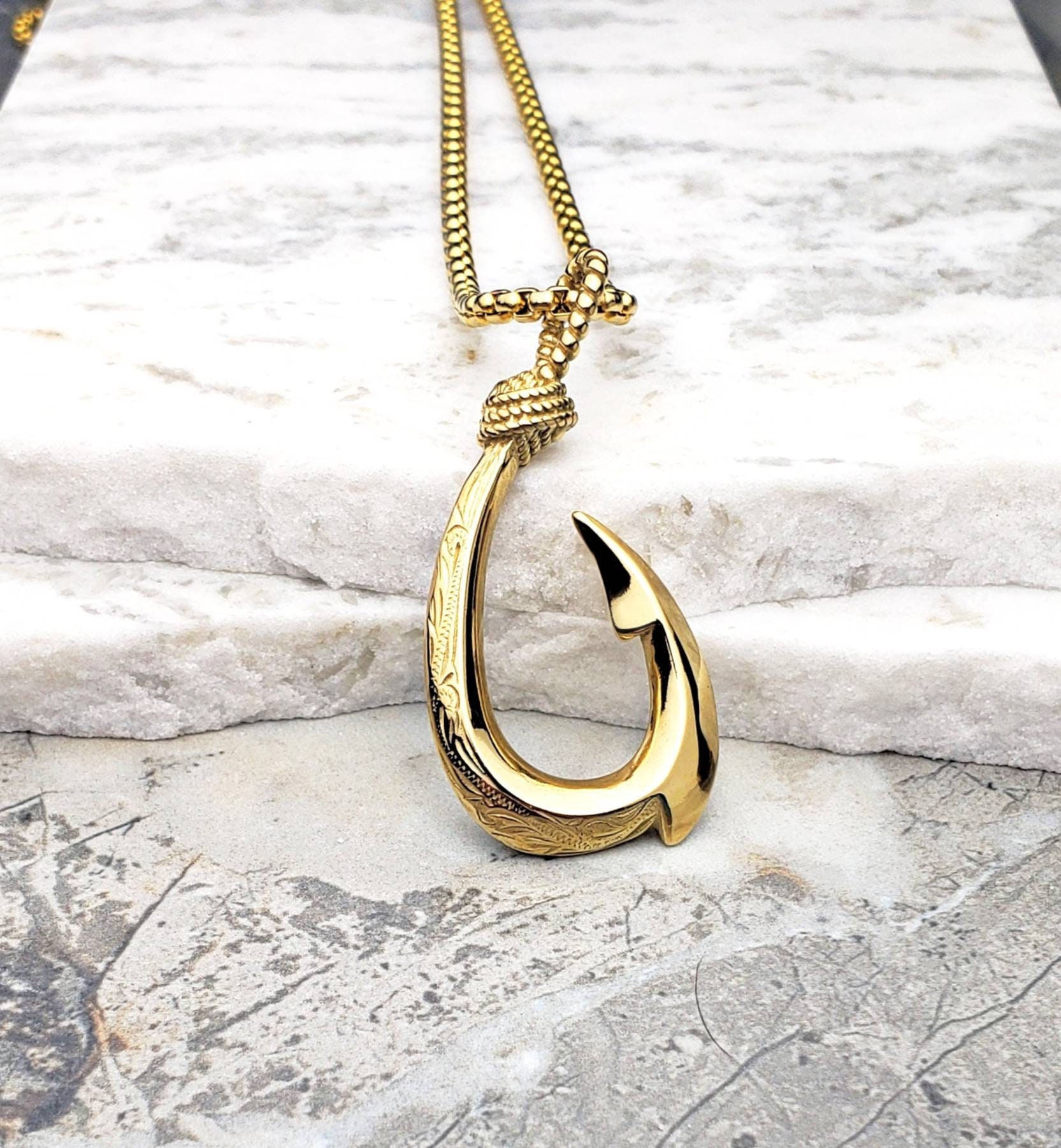 Men s TRIBAL FISH HOOK Necklace Men s Gold Stainless Steel Reversible Tribal Fish Hook Pendant Necklace Men s Gold Box Chain Necklace
