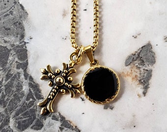 Collier CROSS & ONYX COIN pour homme | Collier chaîne avec pendentifs croix en acier inoxydable pour homme, onyx noir, or