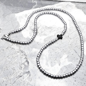 Men&#39;s &quot;PEARL ONYX CROSS&quot; Necklace| Men&#39;s Silver Pearl Black Onyx Stone Crosses Beaded Necklace| Men&#39;s Black Onyx Gemstone Cross Necklace