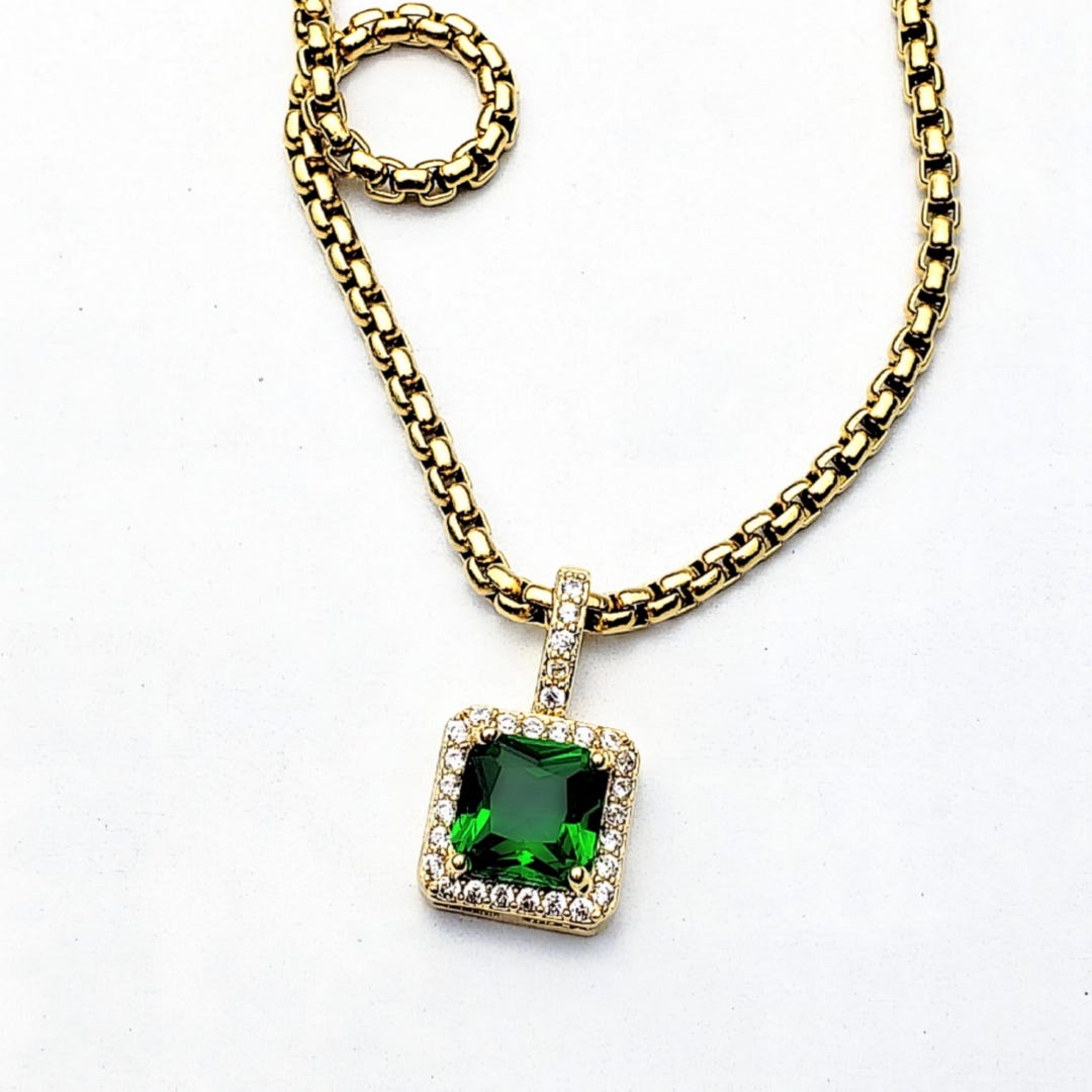 Men's GOLD PAVÉ EMERALD Necklace Men's Pavé Cubic Zirconia Lab