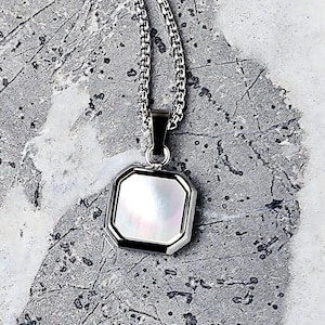 Men&#39;s &quot;MOTHER OF PEARL&quot; Necklace| Men&#39;s Silver Stainless Steel Mother of Pearl Octagon Inlay Square Pendant Necklace| Men&#39;s Chain Necklace