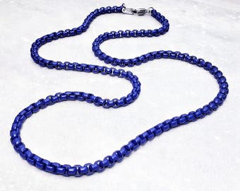 Men's BLUE BOX CHAIN Necklace | Men's Blue Acrylic Coated Stainless Steel Box Chain Necklace