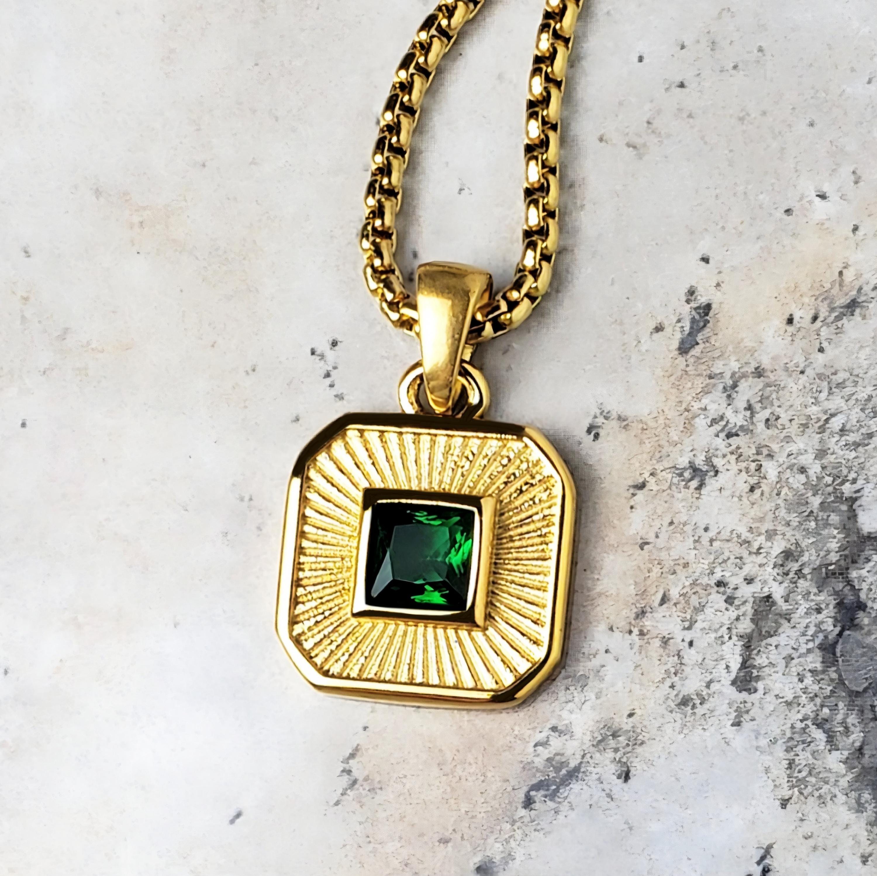 Men's "GOLD EMERALD AMULET" Necklace| Men's Gold Stainless Steel Emerald Square Amulet Pendant Necklace| Mens May Birthstone Necklace