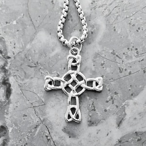 Men&#39;s SILVER CELTIC CROSS Necklace | Men&#39;s Silver Stainless Steel Celtic Knot Cross Pendant Box Chain Necklace