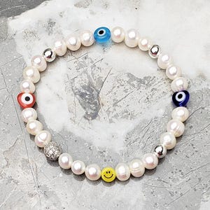 Men&#39;s &quot;EVIL EYE PEARLS&quot; Bracelet| Men&#39;s Akoya Freshwater Baroque Pearls Multicolor Millefiori Evil Eye Bead Bracelet| Men&#39;s Pearl Bracelet