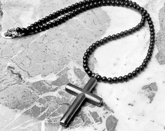 Men's "RUSTIC CROSS & STONE" Necklace| Men's Oxidized Silver Stainless Steel Cross Beaded Necklace| Men's Black Onyx Gemstone Necklace