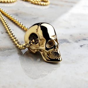 Men's "RUSTIC SKULL" Necklace| Men's Gold Black Stainless Steel Skull Pendant Necklace| Men's Gold Stainless Steel Box Chain Necklace