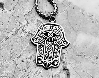 Men's HAMSA PROTECTION EYE Necklace | Men's Silver & Black Stainless Steel Hamsa Evil Eye Pendant Box Chain Necklace