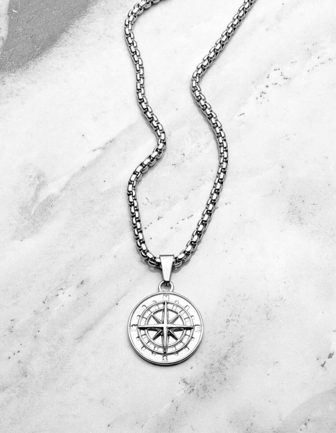 Men's silver COMPASS Coin Necklace Men's Silver Stainless Steel Compass