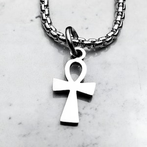 Men&#39;s &quot;SILVER MINI ANKH&quot; Necklace| Men&#39;s Silver Stainless Steel Mini Ankh Pendant Necklace| Men&#39;s Silver Stainless Steel Box Chain Necklace