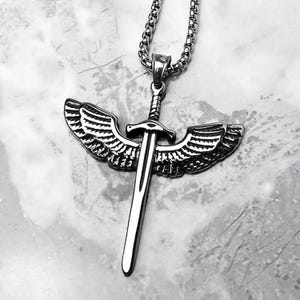 Men&#39;s &quot;ARCHANGEL DIVINE SWORD&quot; Necklace| Men&#39;s Silver Stainless Steel Saint Michael Archangel Divine Sword Pendant Necklace