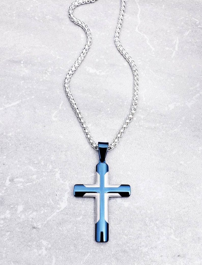 Men's platinum BLUE Cross Necklace Men's Etsy