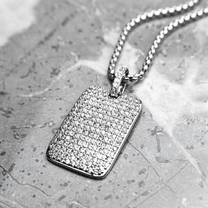 Collana da uomo con piastrina per cani con pavé di zirconi cubici / Collana da uomo con ciondolo a forma di piastrina per cani in acciaio inossidabile e argento con catena a maglie quadrate