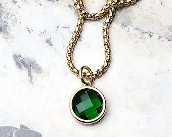 Men's GOLD EMERALD COIN Necklace | Men's Diamond Cut Emerald Cubic Zirconia Gemstone Gold Stainless Steel Coin Pendant Necklace