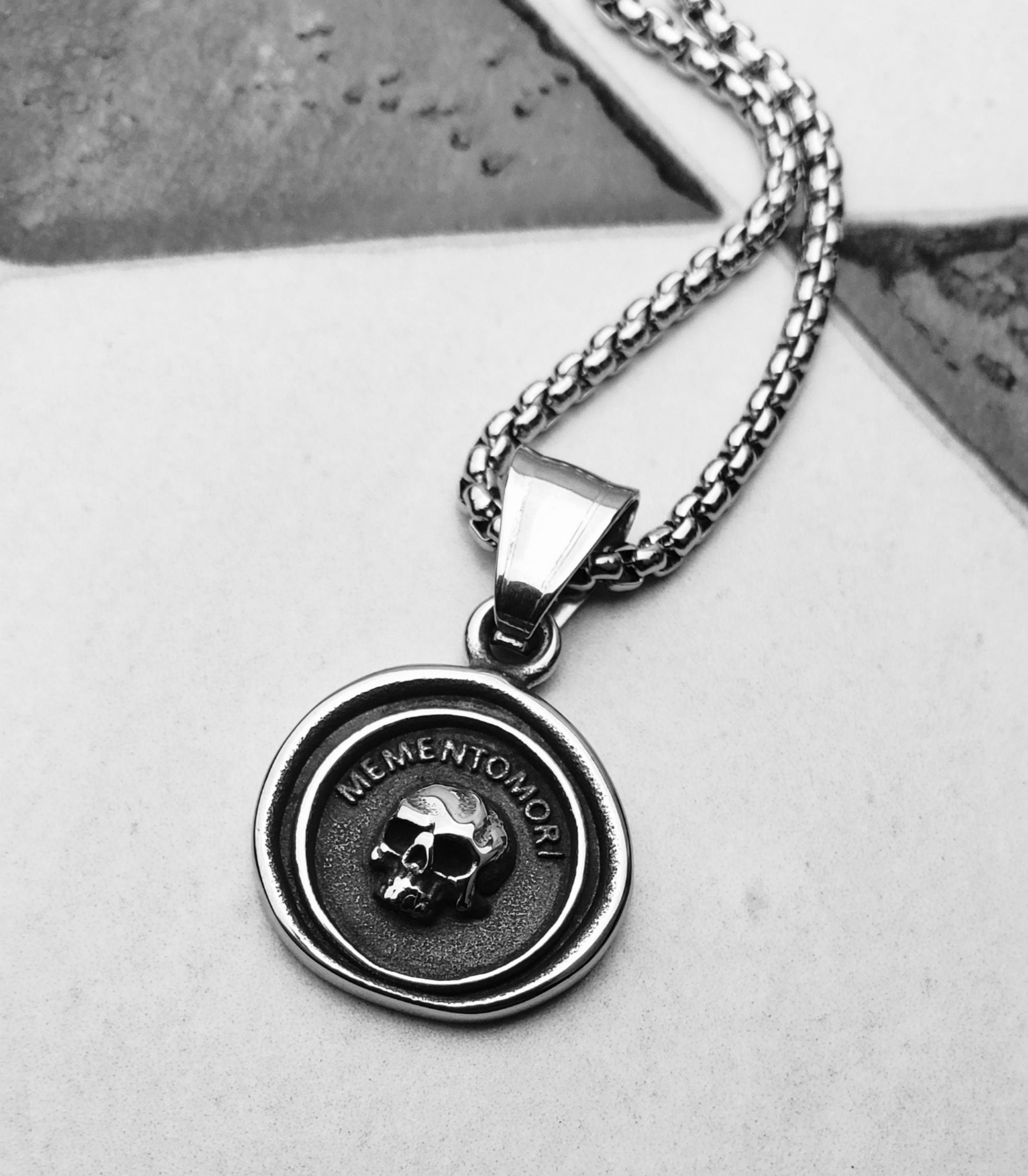 Men's "MEMENTO MORI COIN" Necklace| Men's Silver Black Stainless Steel Memento Mori Skull Rustic Coin Pendant Necklace| Men's Skull Necklace