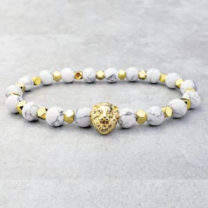 Men&#39;s &quot;GOLDEN WHITE LION&quot; Bracelet| Men&#39;s Pave Cubic Zirconia Gold Lion Bracelet| Mens White Howlite Gold Hematite Hexagon Gemstone Bracelet