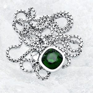 Men&#39;s &quot;SILVER EMERALD&quot; Necklace| Men&#39;s Silver Stainless Steel Mini Emerald Pendant Necklace| Mens Cushion Cut Emerald Necklace