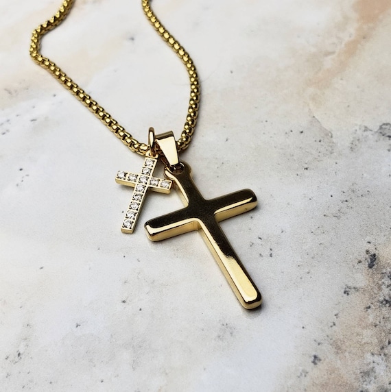 Men's Heavy Stainless Steel Double Layer Cross Pendant Necklace Byzantine  Chain | eBay