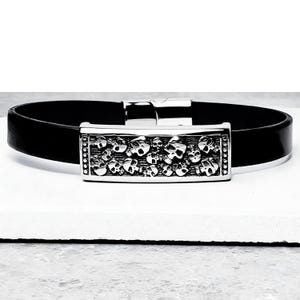 Men&#39;s SKULLS & LEATHER Bracelet | Men&#39;s Silver Stainless Steel Skulls Slider Black Leather Cuff Bracelet