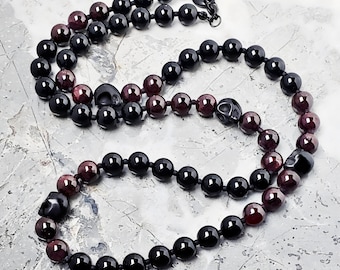 Men&#39;s &quot;ROCK IDOL&quot; Skull Necklace| Men&#39;s Black Skull Necklace| Men&#39;s Red Garnet Black Onyx Gemstone Necklace| Men&#39;s Long Skull Bead Necklace