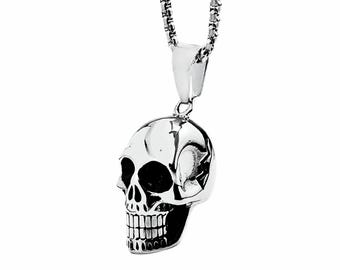 Collar de calavera de plata para hombre / Collar de cadena con colgante de calavera de acero inoxidable y plata para hombre